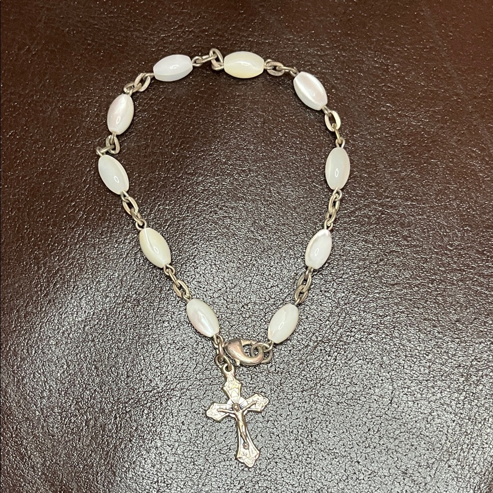 White Bead one-decade Rosary charm bracelet with a crucifix